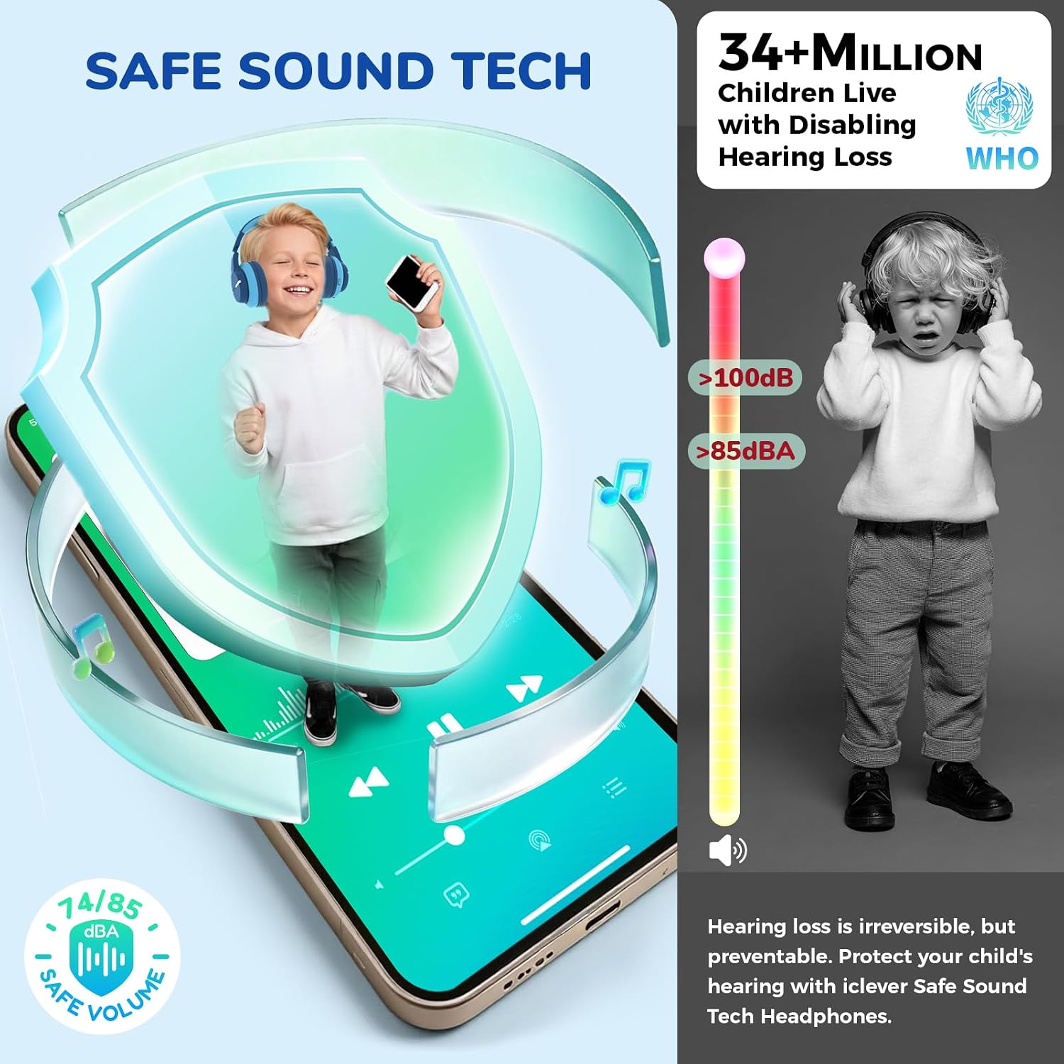 iClever BTH12 Kids Bluetooth Headphones 85H Playtime with LED Lights Travel