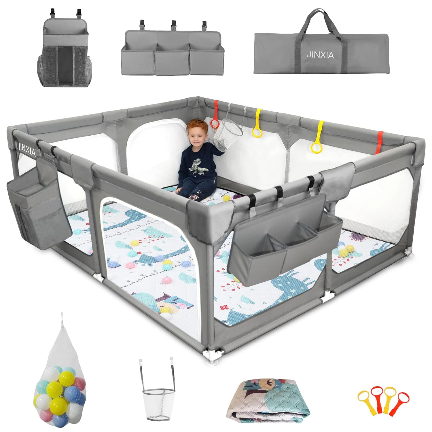 Baby Playpen with Mat 50"*50", Extra Large Playpen for Babies and Toddlers with Storage Bag, BPA-Free, Non-Toxic, Safe No Gaps Playards for Babies, Sturdy Safety Play Yard for Indoor Outdoor Fun, Grey