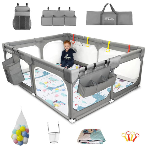 Baby Playpen with Mat 50"*50", Extra Large Playpen for Babies and Toddlers with Storage Bag, BPA-Free, Non-Toxic, Safe No Gaps Playards for Babies, Sturdy Safety Play Yard for Indoor Outdoor Fun, Grey