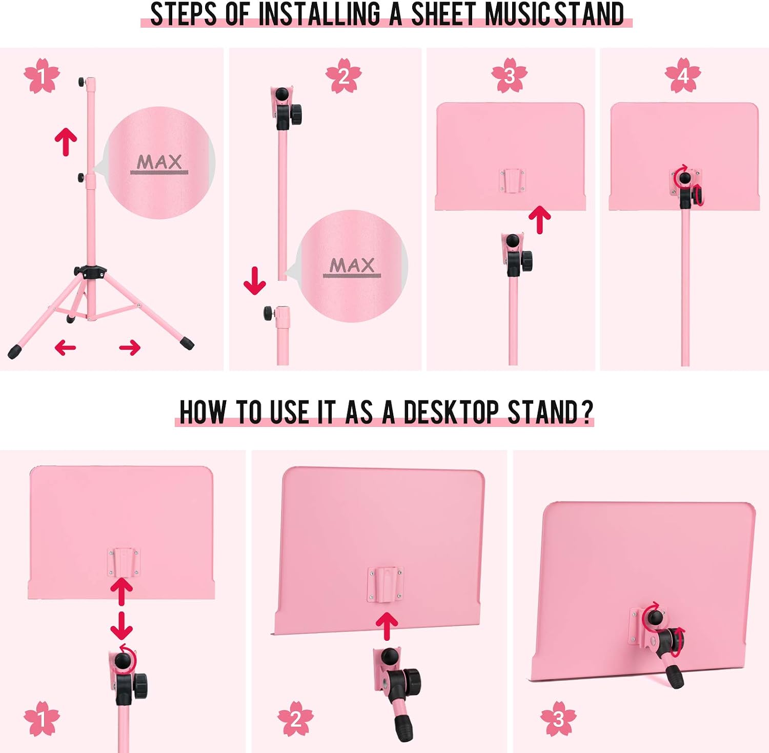 CAHAYA Sheet Music Stand Dual-use Converts to Desktop Stand Adjustable Pink