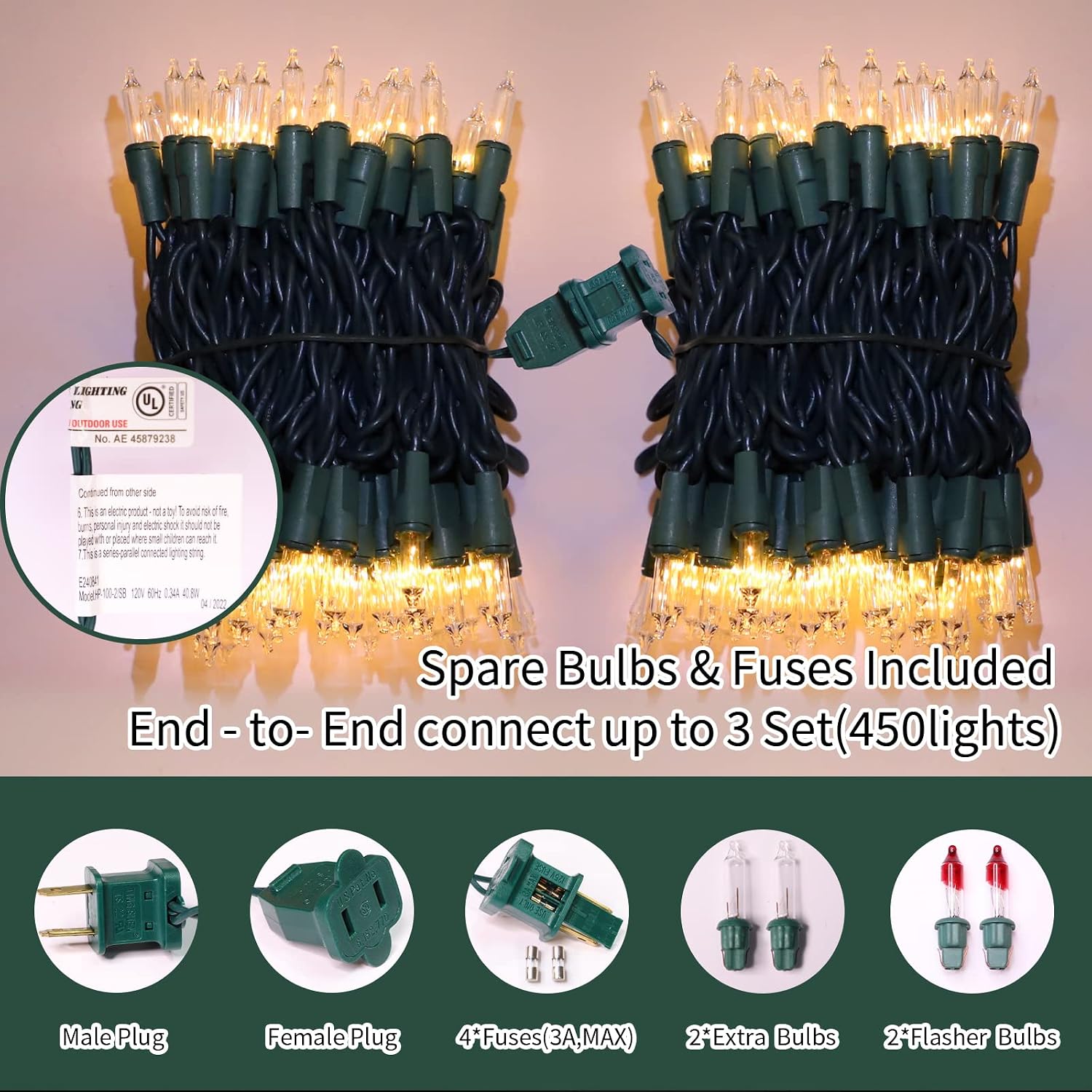 LAMPHOME Warm White Christmas String Lights 300 Count 63.8ft (2 Pack of 150L), Incandescent Mini Lights, Waterproof Outdoor Indoor Clear Christmas Lights for Xmas Tree Garland Holiday Decor