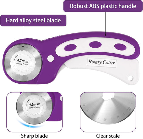 45mm Rotary Cutter for Fabric with 5 Extra Blades, Roller, with Safety Lock