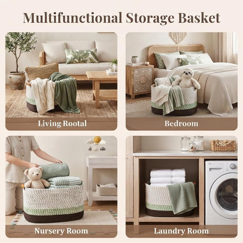 danpinera 108L Large Basket for Living Room, Nursery & Laundry, Kids Toy Basket Storage with Leather Handle, 25’’*16’’*16’’ White & Mottled Green