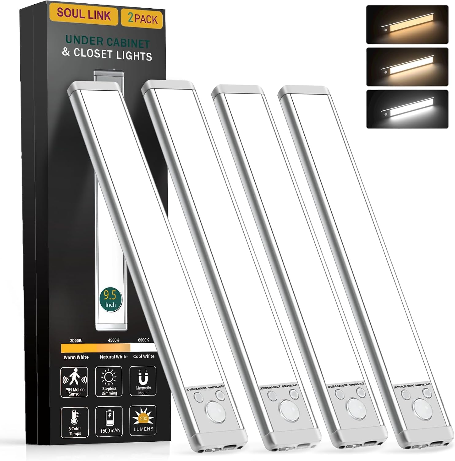 Soul Link 4-Pack 9.5" 76-LED Motion Sensor Under Cabinet Lights, Wireless