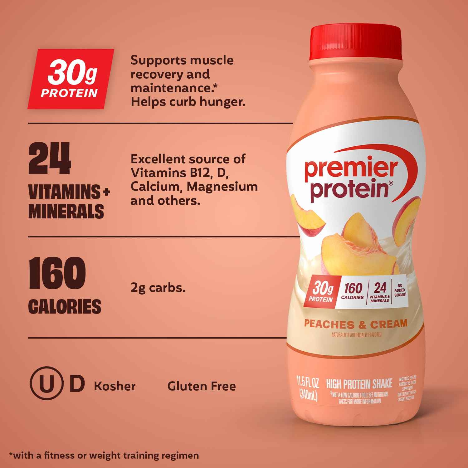 Premier Protein 30g High Protein Shake, Peaches & Cream, 12 Pack | 160 Calories, 24 Vitamins & Minerals, No Added Sugar, Supports Muscle Health, Gluten-Free, 11.5 oz