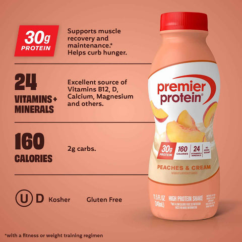 Premier Protein 30g High Protein Shake, Peaches & Cream, 12 Pack | 160 Calories, 24 Vitamins & Minerals, No Added Sugar, Supports Muscle Health, Gluten-Free, 11.5 oz