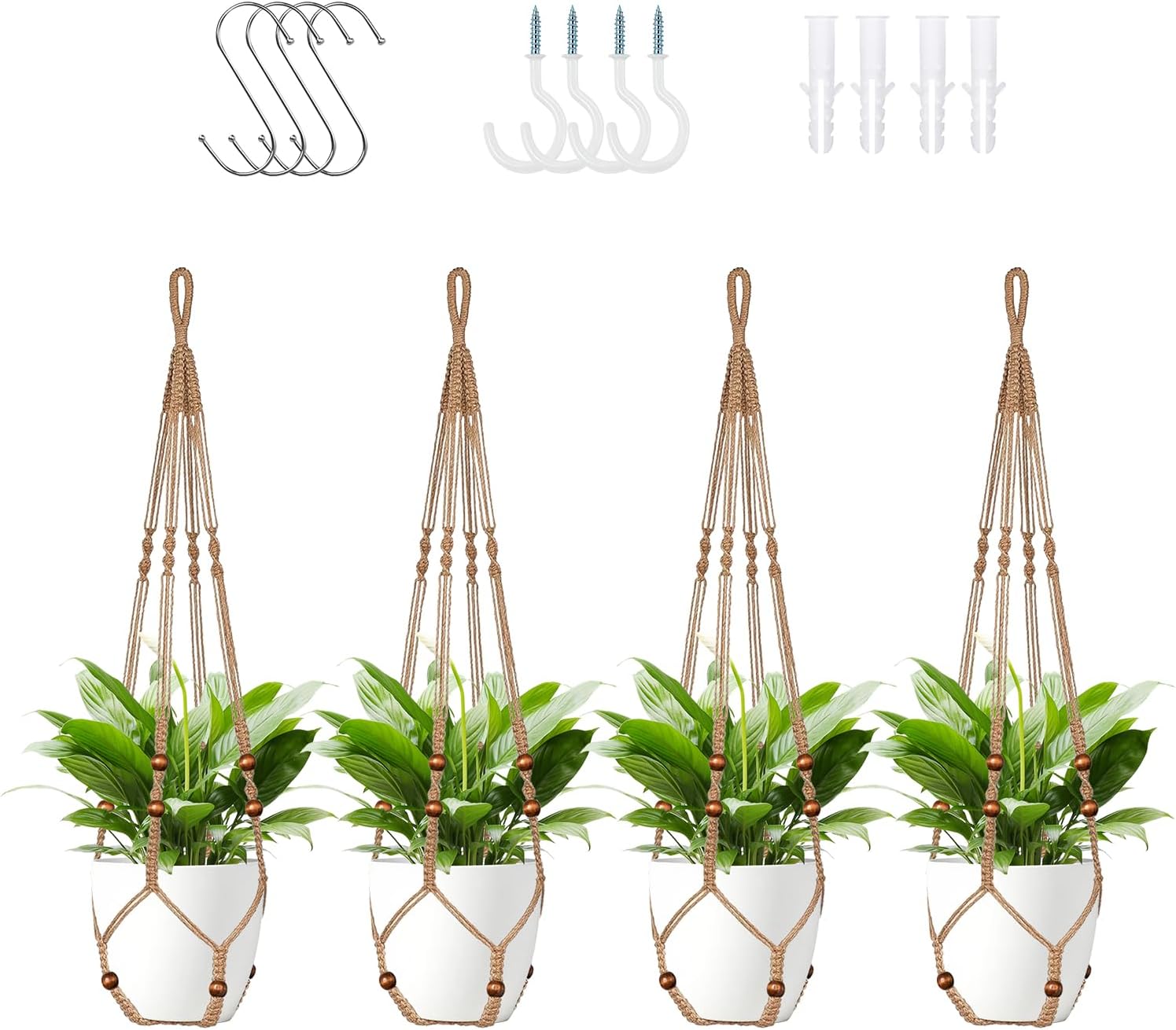 LEWESU Jute Macrame Plant Hanger Indoor Set of 4 Hanging Planter Basket Flower Pot Holder with Decorative Wood Beads & No Tassels for Indoor Outdoor Boho Home Decor, 35 Inch Brown (Pots Not Included)