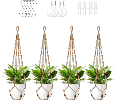 LEWESU Jute Macrame Plant Hanger Indoor Set of 4 Hanging Planter Basket Flower Pot Holder with Decorative Wood Beads & No Tassels for Indoor Outdoor Boho Home Decor, 35 Inch Brown (Pots Not Included)