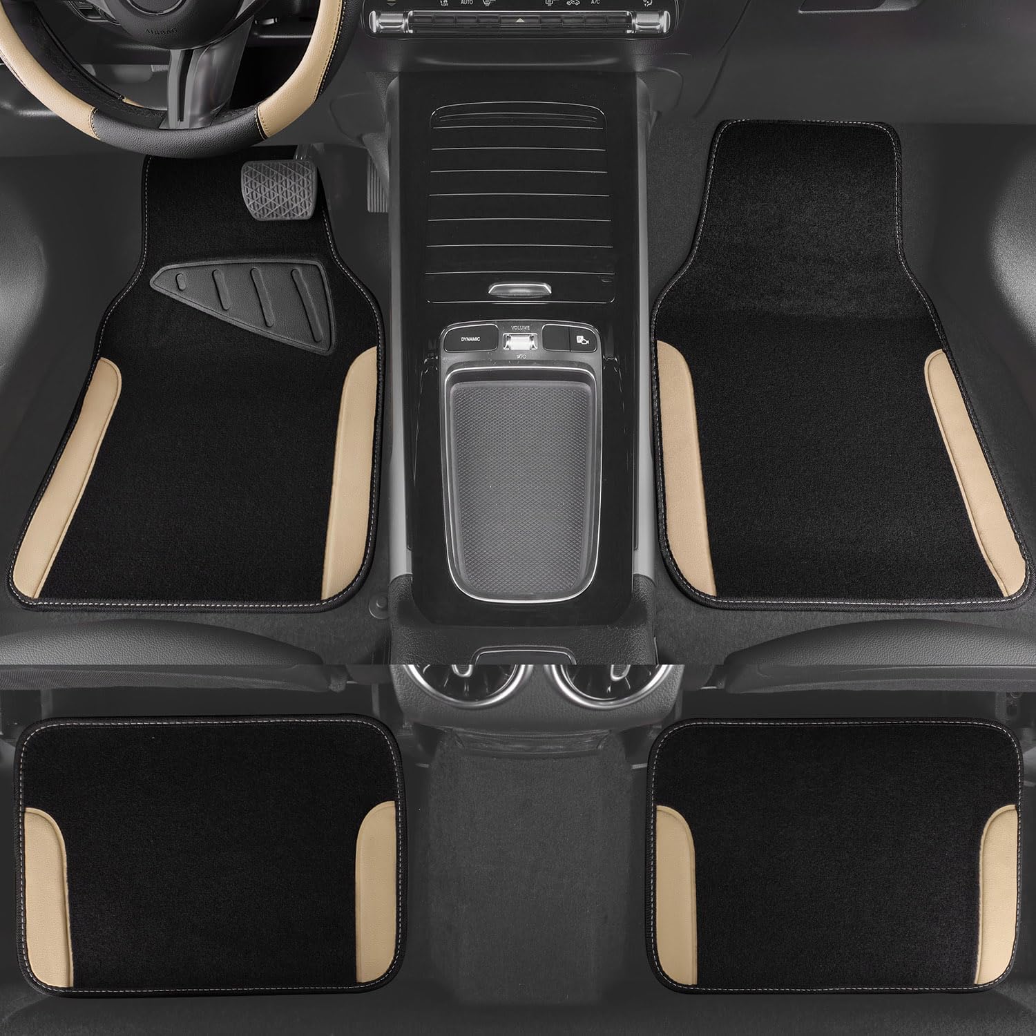 CAR PASS Waterproof Car Floor Mat, Universal Fit Car Mats with Driver Heel Pad, Leather Car Carpet, Anti-Slip Nibbed Backing Floor Mats for SUV, Vans,Sedan,Truck, Automotive Floor Mats (Black Beige)