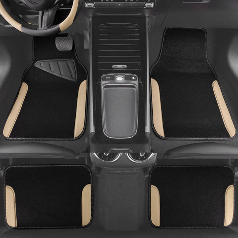 CAR PASS Waterproof Car Floor Mat, Universal Fit Car Mats with Driver Heel Pad, Leather Car Carpet, Anti-Slip Nibbed Backing Floor Mats for SUV, Vans,Sedan,Truck, Automotive Floor Mats (Black Beige)