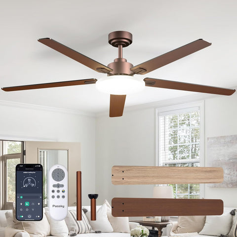 Passky 60 Inch Brown Sleek Ceiling Fans with Lights, Remote Control