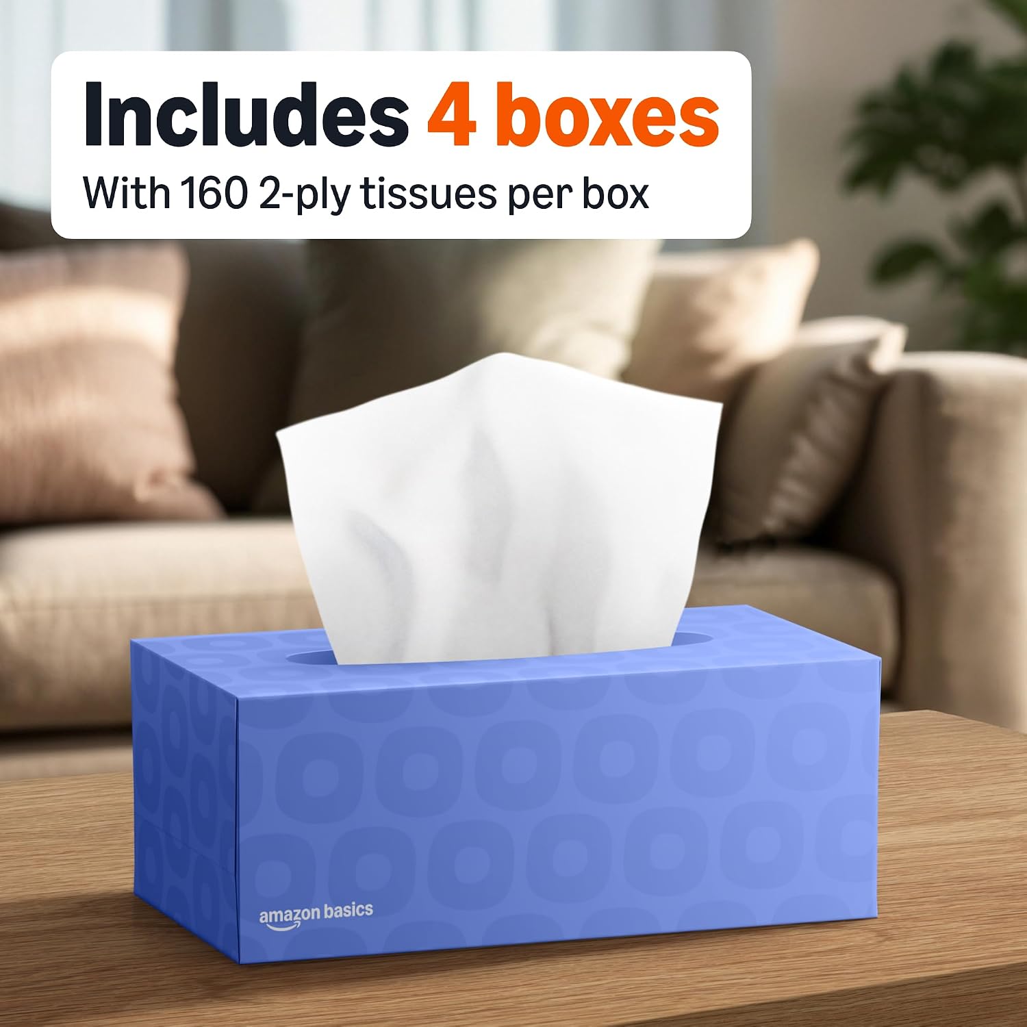 Amazon Basics Facial Tissue, 2-Ply, 640 Count (4 Packs of 160), (Packaging may vary)