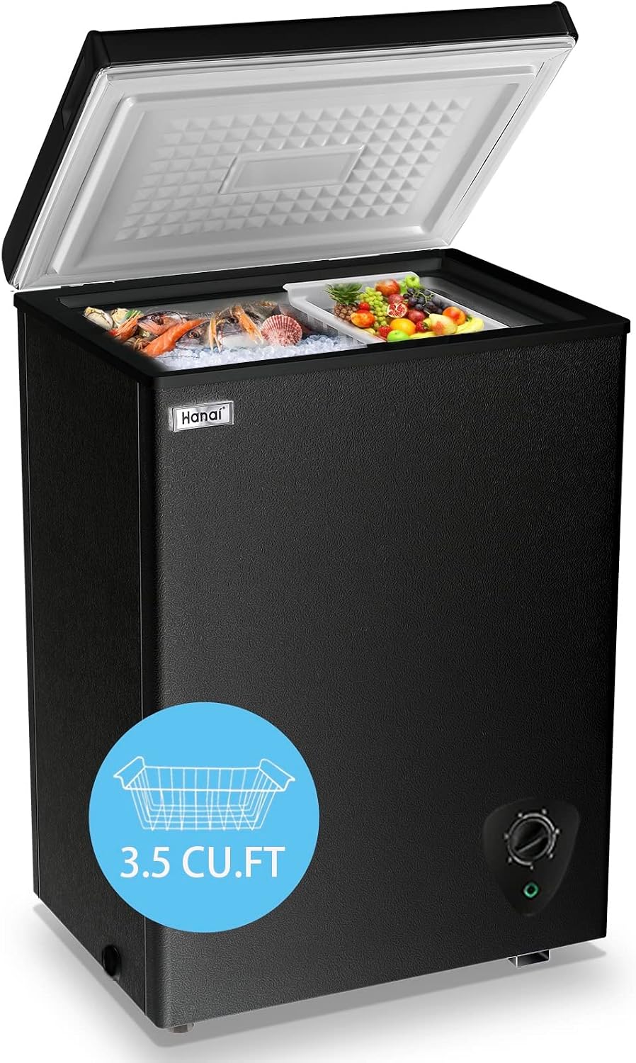 WANAI Chest Freezer 3.5 Cu.Ft Small Deep Top Door Mini with Removable Basket, Low Noise, 7 Adjustable Temperature and Energy Saving Perfect for Home Garage Basement Dorm or Apartment Black