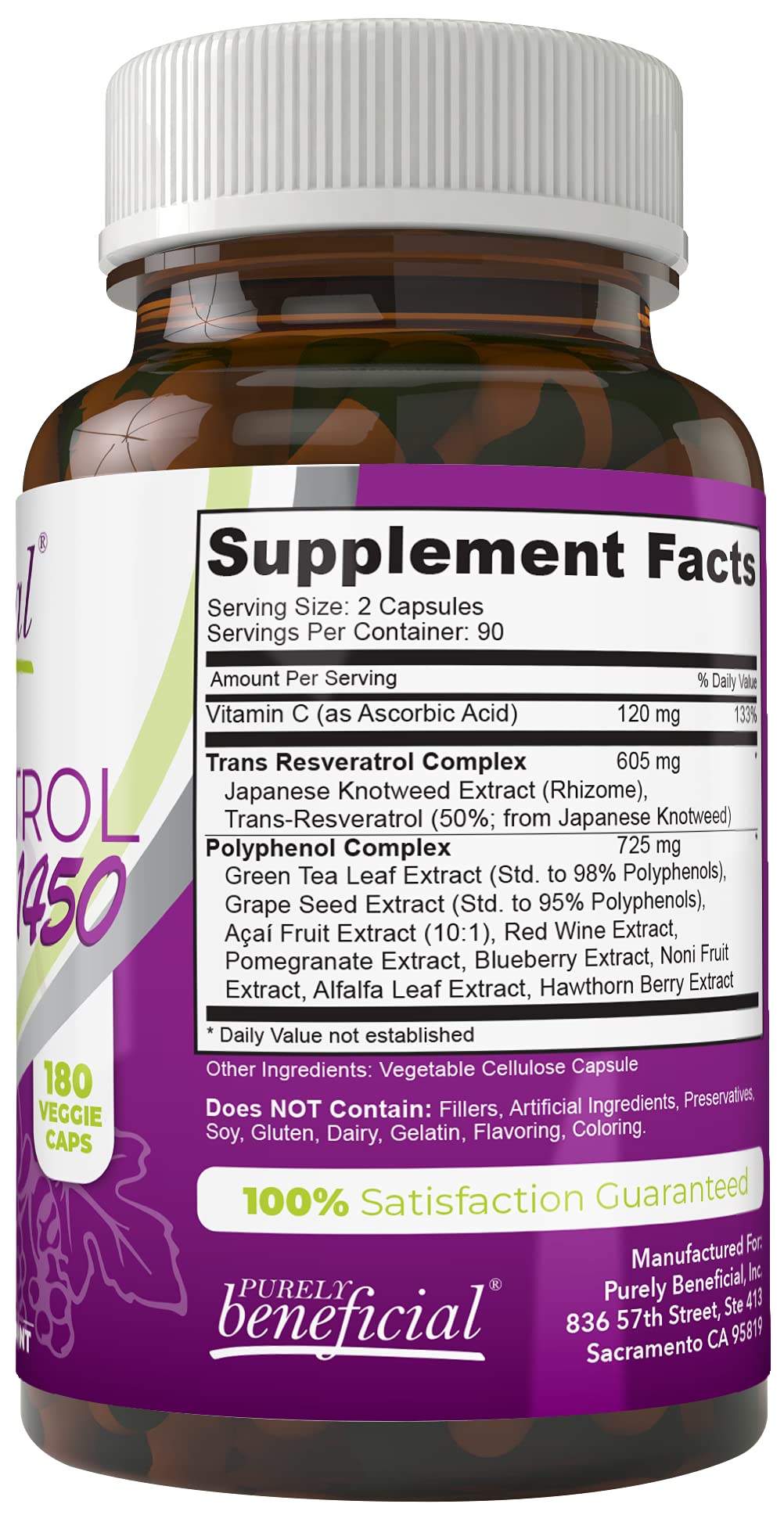 PURELY beneficial RESVERATROL1450-90day supply, 1450mg per Serving of Potent Antioxidants & Trans-Resveratrol, Promotes Anti-Aging, Cardiovascular Support, Maximum Benefits (1bottle)