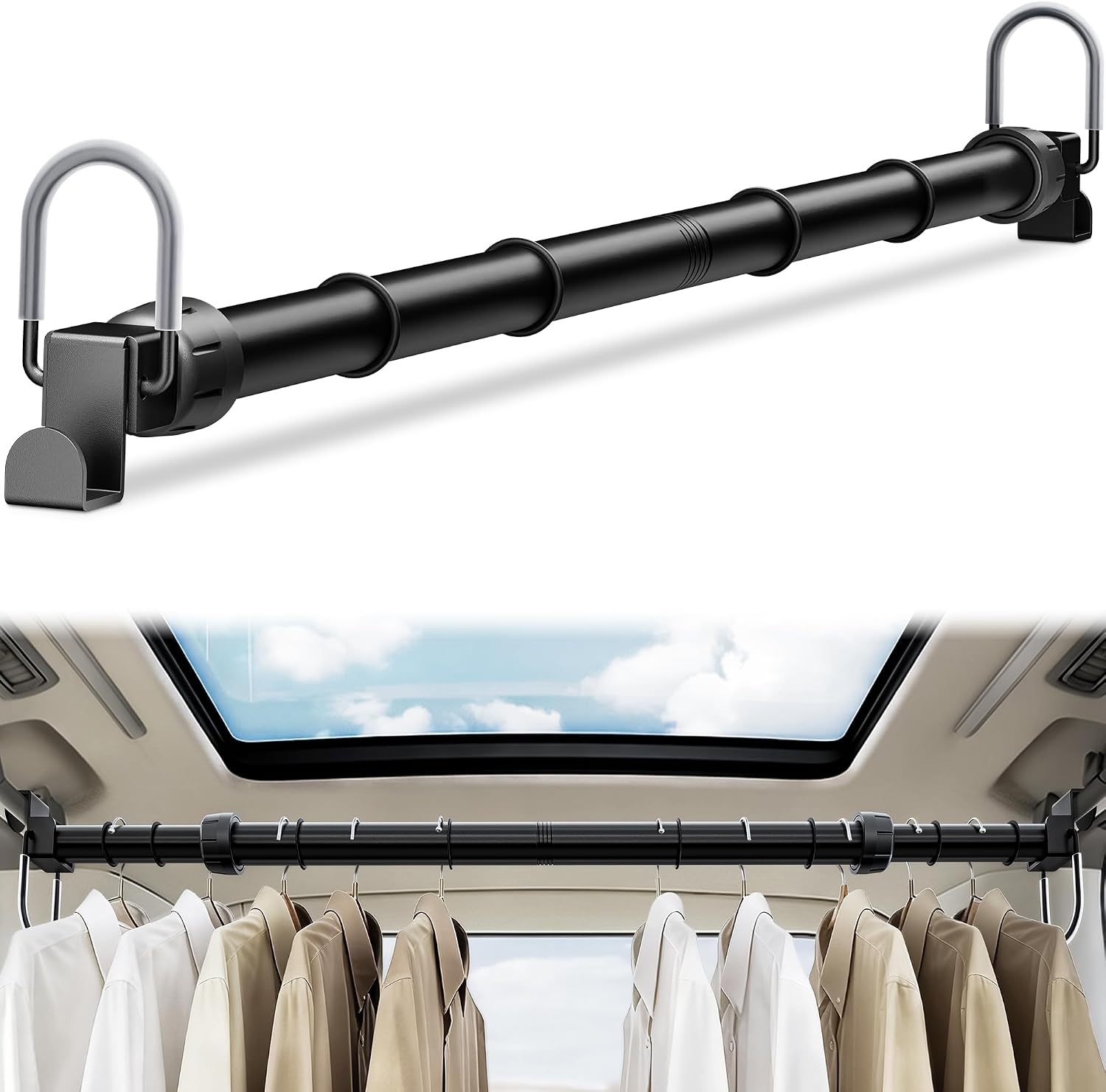 Car Clothes Hanger Bar, Adjustable 35-60 Inch Vehicle Garment Rod, Heavy Duty Travel Clothes Organizer for Cars, SUVs, Vans & Trucks, Non-Slip Rings Keep Clothes Secure