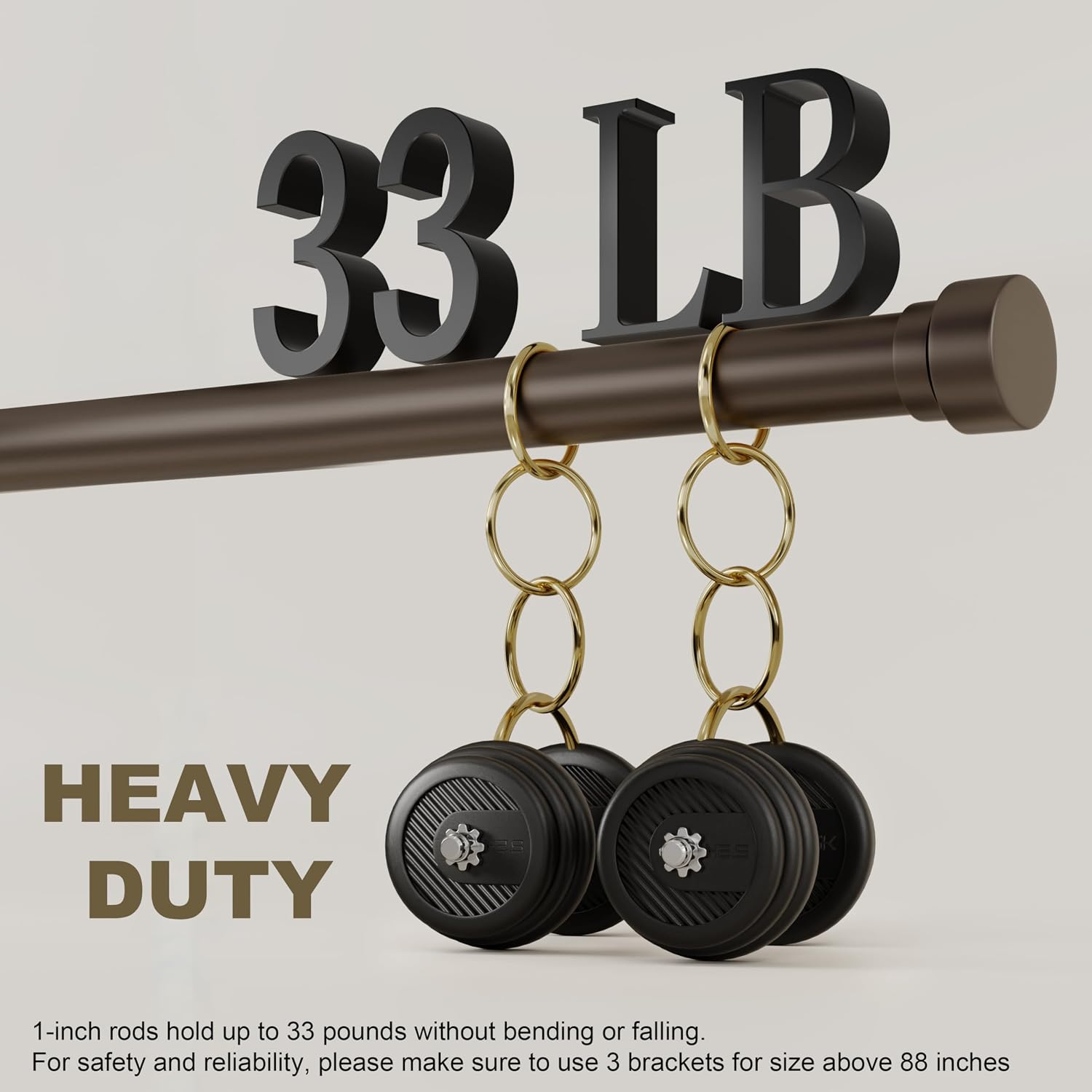 PORTRES Brown Heavy Duty Curtain Rods for Windows 66 to 120 Inches Adjustable Length 1" Diameter Curtain Rod with Modern Decorative Finials for Outdoor Farmhouse Bedroom Kitchen Living Room