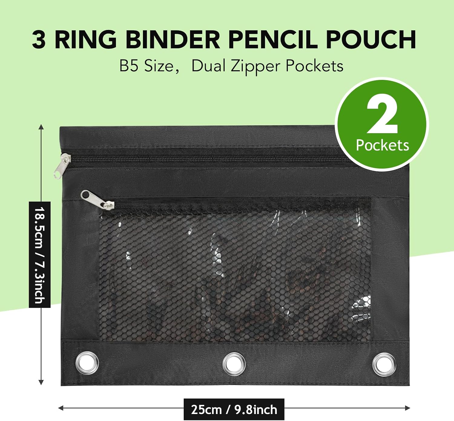 Pencil Pouch for 3 Ring Binder, Heavy Duty Canvas Dual Zipper Pen Bag with Clear Window, Smooth Metal Zipper, Fit Standard 3-Ring Binders for School Office Travel Supplies (Black)