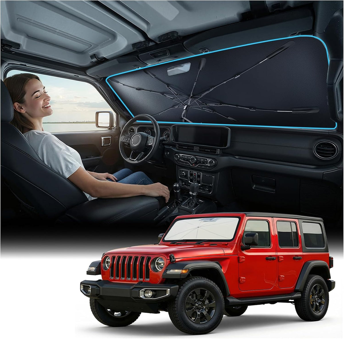 Nmoiss Windshield Sun Shade Umbrella for All Jeep Wrangler & Gladiator - [Vinyl Coating Heat Shield] Protect Car from Sun Rays & Heat Damage Keep Cool and Protect Interior, Spring Structure Edge