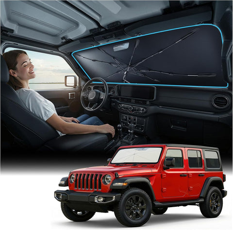 Nmoiss Windshield Sun Shade Umbrella for All Jeep Wrangler & Gladiator - [Vinyl Coating Heat Shield] Protect Car from Sun Rays & Heat Damage Keep Cool and Protect Interior, Spring Structure Edge