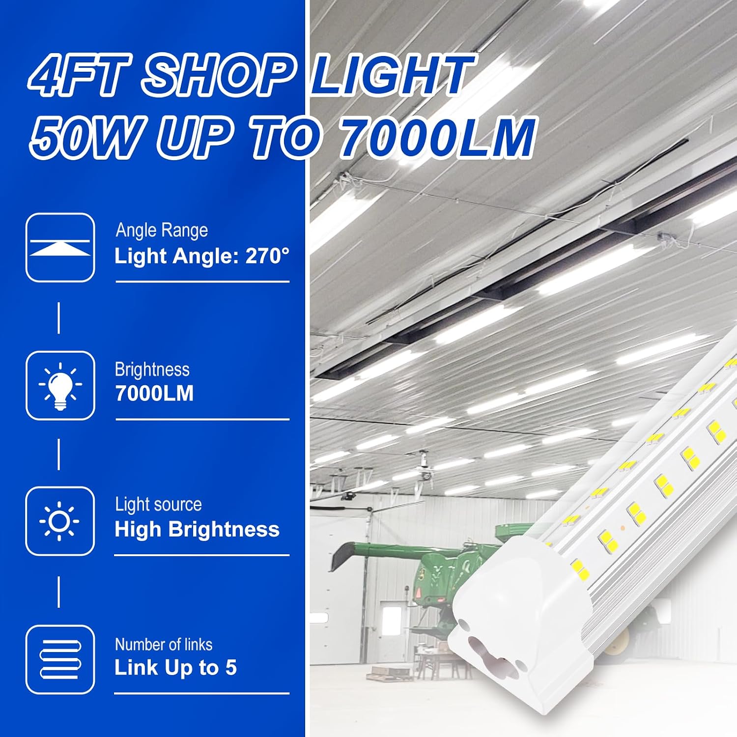 XLNYUUI Led Shop Lights, 4FT LED Light 50W 6500K 7000LM Daylight,Led Garage Light,Linkable Clear Cover Integrated V-Shape for Garage Warehouse Workbench Workshop(4-Pack)