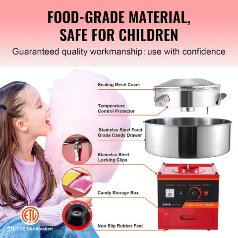 VEVOR Electric Cotton Candy Machine, 1000W Candy Floss Maker, Commercial Cotton Candy Machine with Stainless Steel Bowl, Sugar Scoop, and Drawer, Perfect for Home Kids Birthday, Family Party, Red