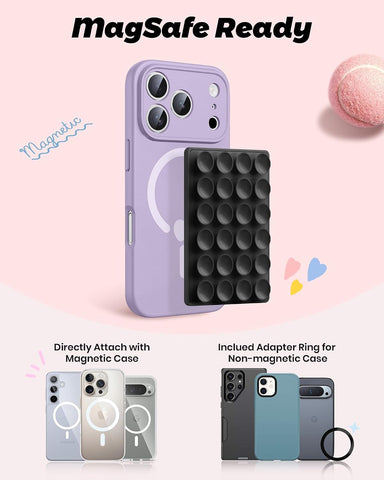 amBand Magnetic Sticky Phone Suction Grip for MagSafe, Removable for Wireless Charging, Durable Magnet Silicone Portable Mount Stand for iPhone 12 13 14 15 16 17 Series, Hands-Free Video/Selfie, Black