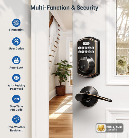 Veise KS02B Fingerprint Door Lock with 2 Lever Handles, Oil Rubbed Bronze
