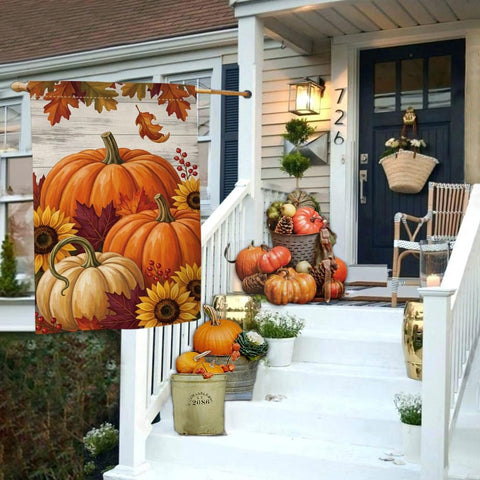 Fall Pumpkin Farmhouse House Flag 28x40 Sunflowers Maple Leaves Yard Decor