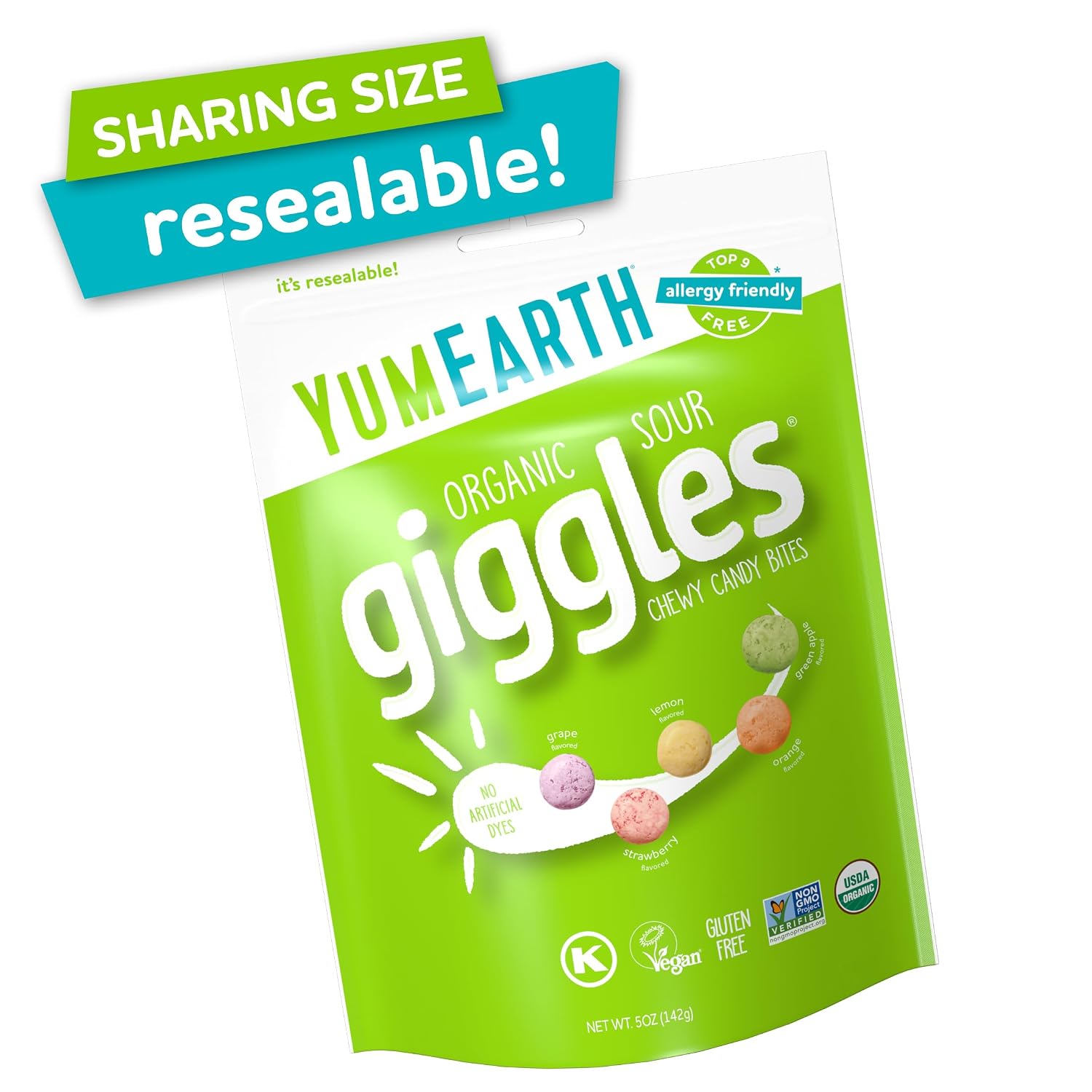 YumEarth Organic Sour Giggles Chewy Candy - Allergy Friendly (Top 9 Free), No Artificial Dyes, Non GMO, Gluten Free, Vegan Candy Snacks - 5 Ounce Bag (Pack of 1)