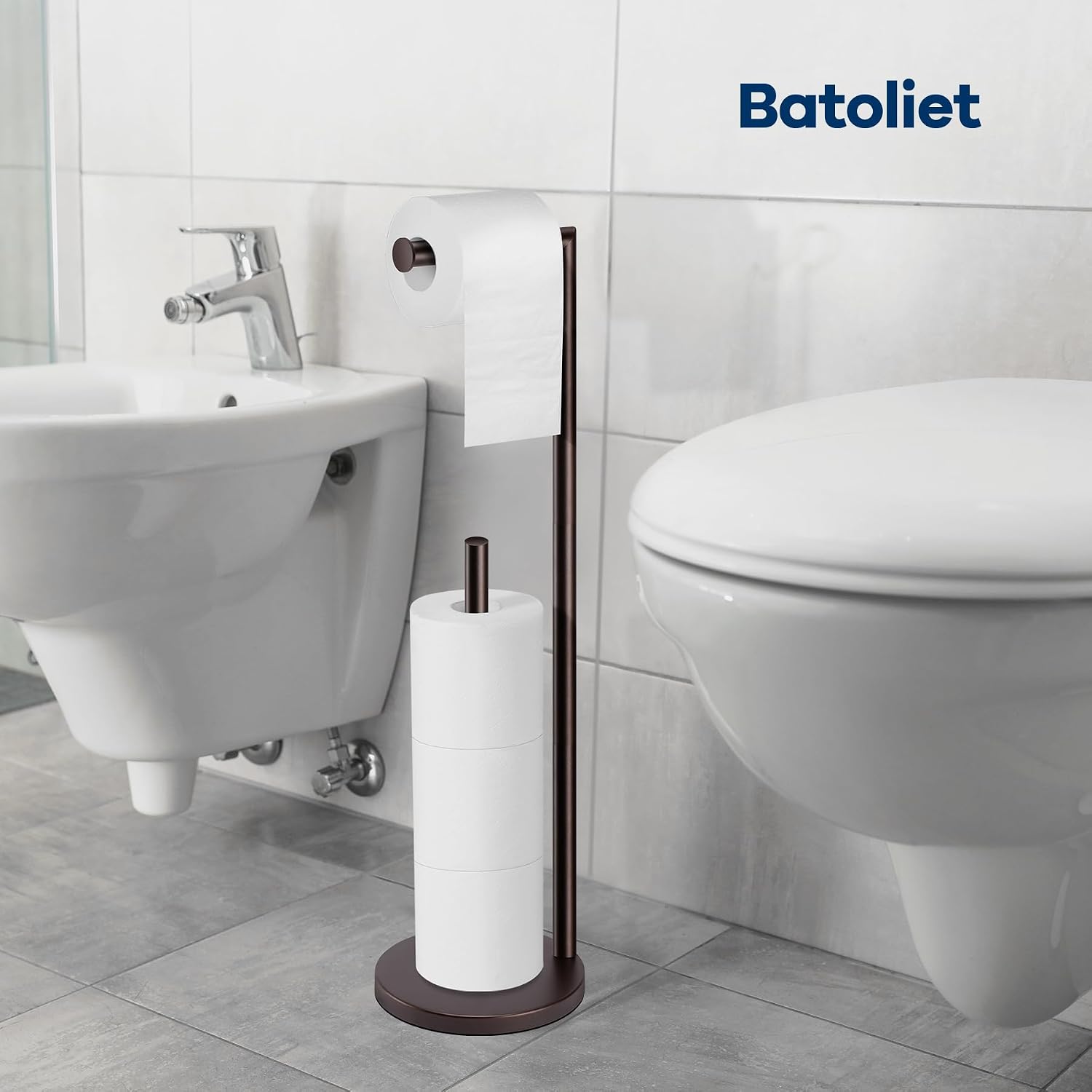 Toilet Paper Holder Stand, Bathroom Free Standing with Storage, Bronze