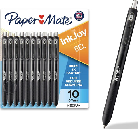 Paper Mate InkJoy Gel Pens, Black, Medium Point (0.7mm), Comfort Grip, 10 Count - Fast Drying Ink, Smooth Writing, Office Supplies