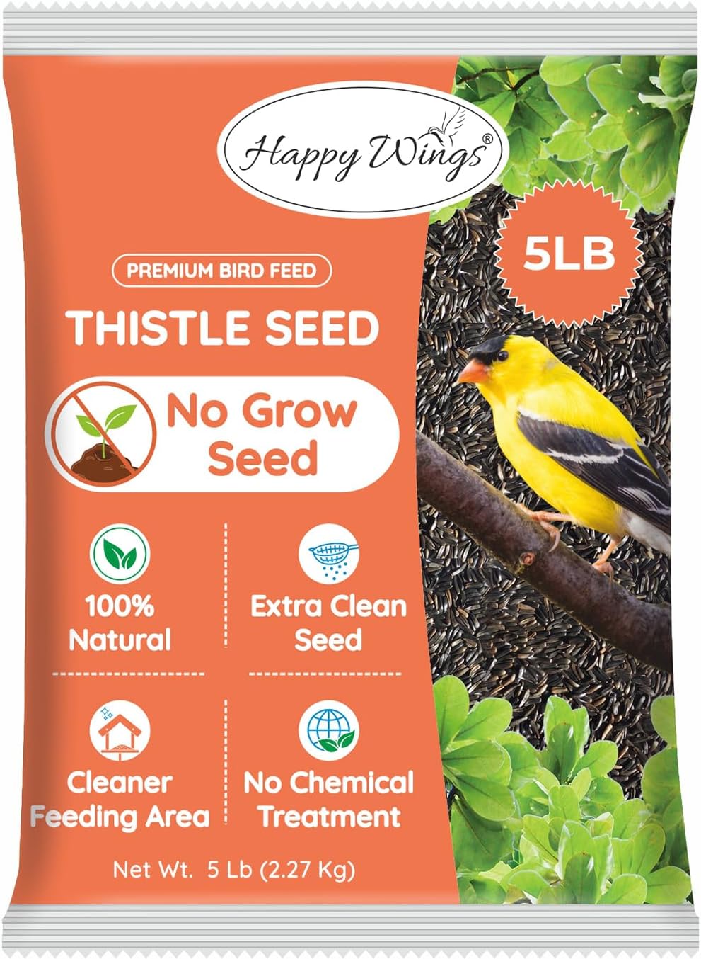 Happy Wings 5LB Thistle Seed Bird Food, 100% Natural, Extra Clean, No Grow
