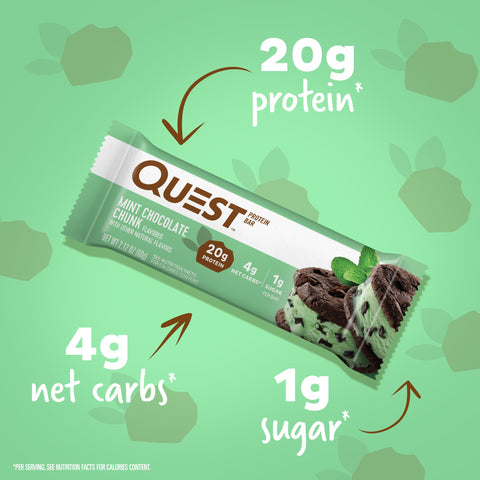 Quest Nutrition Mint Chocolate Chunk Protein Bars, 20g Protein, 1g Sugar, 4g Net Carb, Gluten Free, Keto Friendly, 12 Count