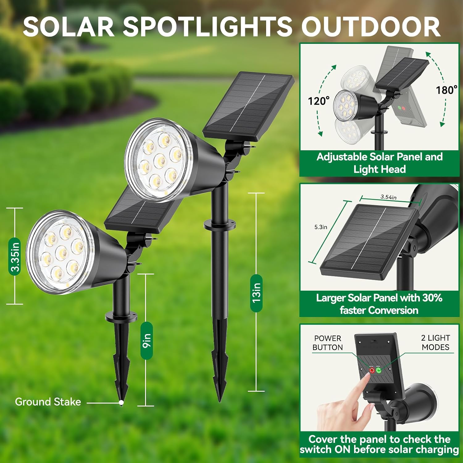 Solar Lights Outdoor Spot Light Waterproof: 1000LM Adjustable Cool White Spotlights - 2-in-1 15Hrs+ Bright Wall Spot Light - Solar Powered Landscape Spotlight for Garden, Yard, Tree, Flag