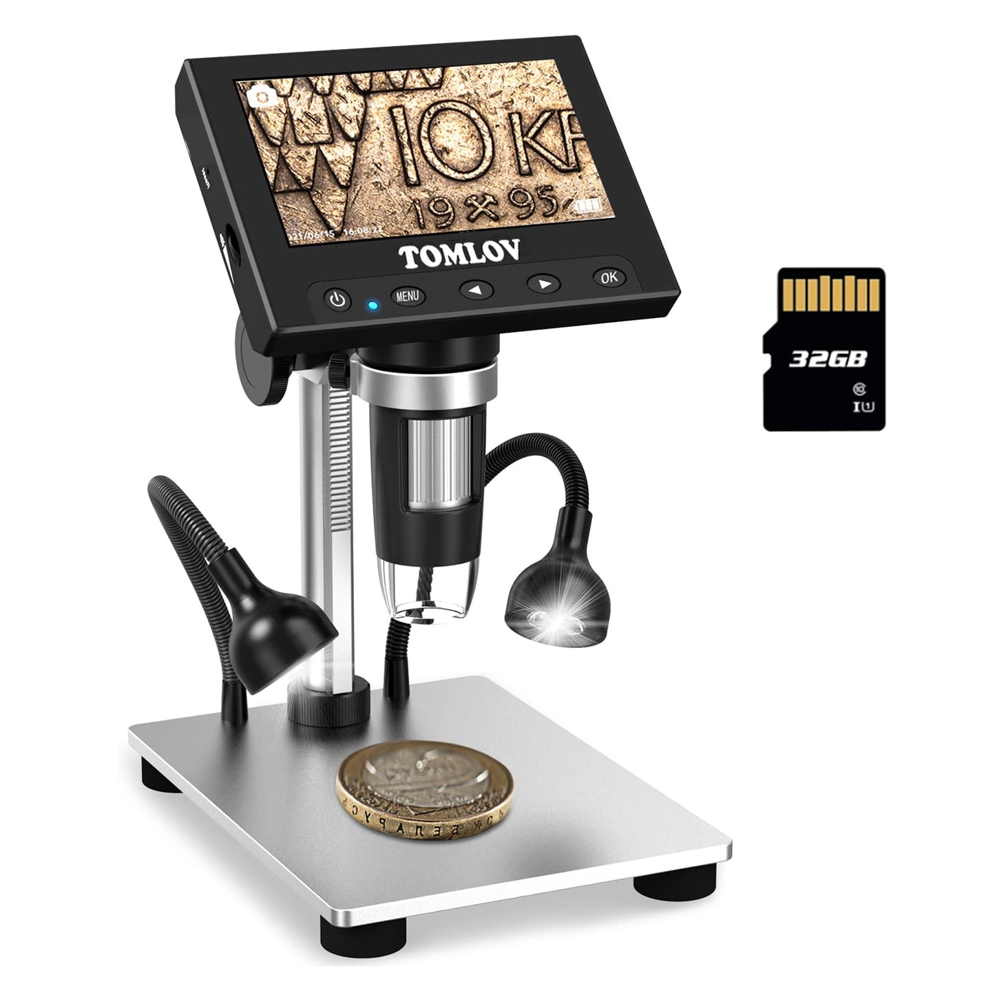 TOMLOV 1000X Error Coin Microscope with 4.3" LCD Screen, USB Digital Microscope with LED Fill Lights, Metal Stand, PC View, Photo/Video, SD Card Included, Windows Compatible, Model- DM4S