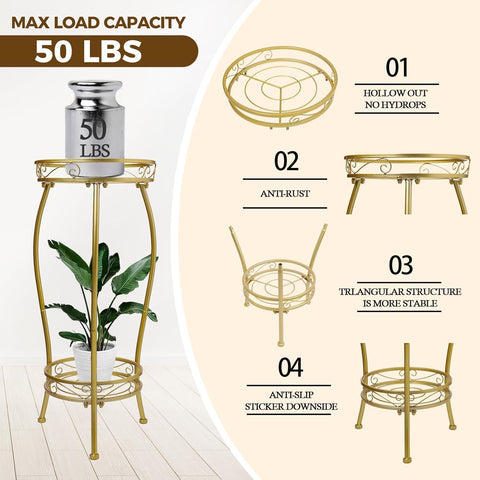 Kavlium Plant Stand Indoor Outdoor, Tall Metal, 2 Tier 27.1 Inch, Gold