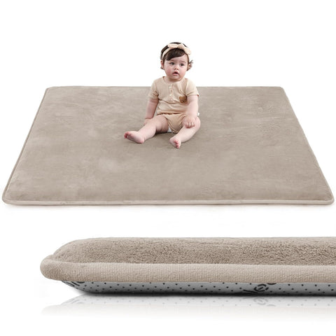 Baby Play Mat for Floor,1.3" Thick Foam 59"×59" Playpen Mat for Tummy Time,Non-Toxic Certified Water Repellent Soft Coral Velvet for Toddler,Infant,Kids,Non-Slip Backing Safe for Crawling (Beige)