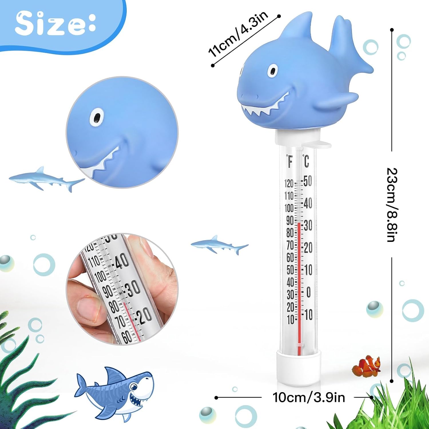 Pool Thermometer Floating, Water Temperature Thermometer with String, Large Size Easy Read & Shatter Resistant Pool Accessories for Outdoor & Indoor Swimming Pool, Spa,Ice Bath and Hot Tub (Shark)