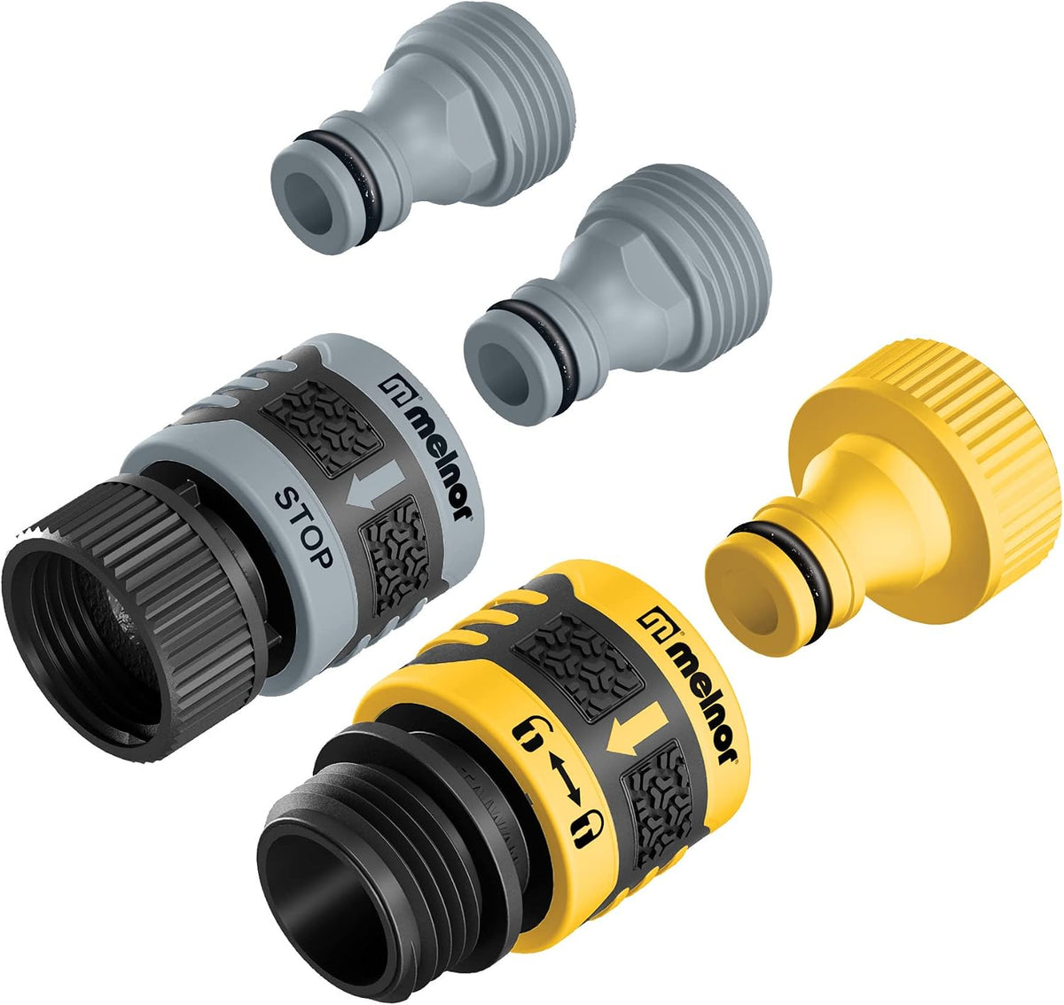 Melnor 65134AMZ 5 Piece Quick Connect Starter Set Connector Bundle, Product and Faucet Adapter, Product End and Faucet End Connector, Black, Yellow, Grey