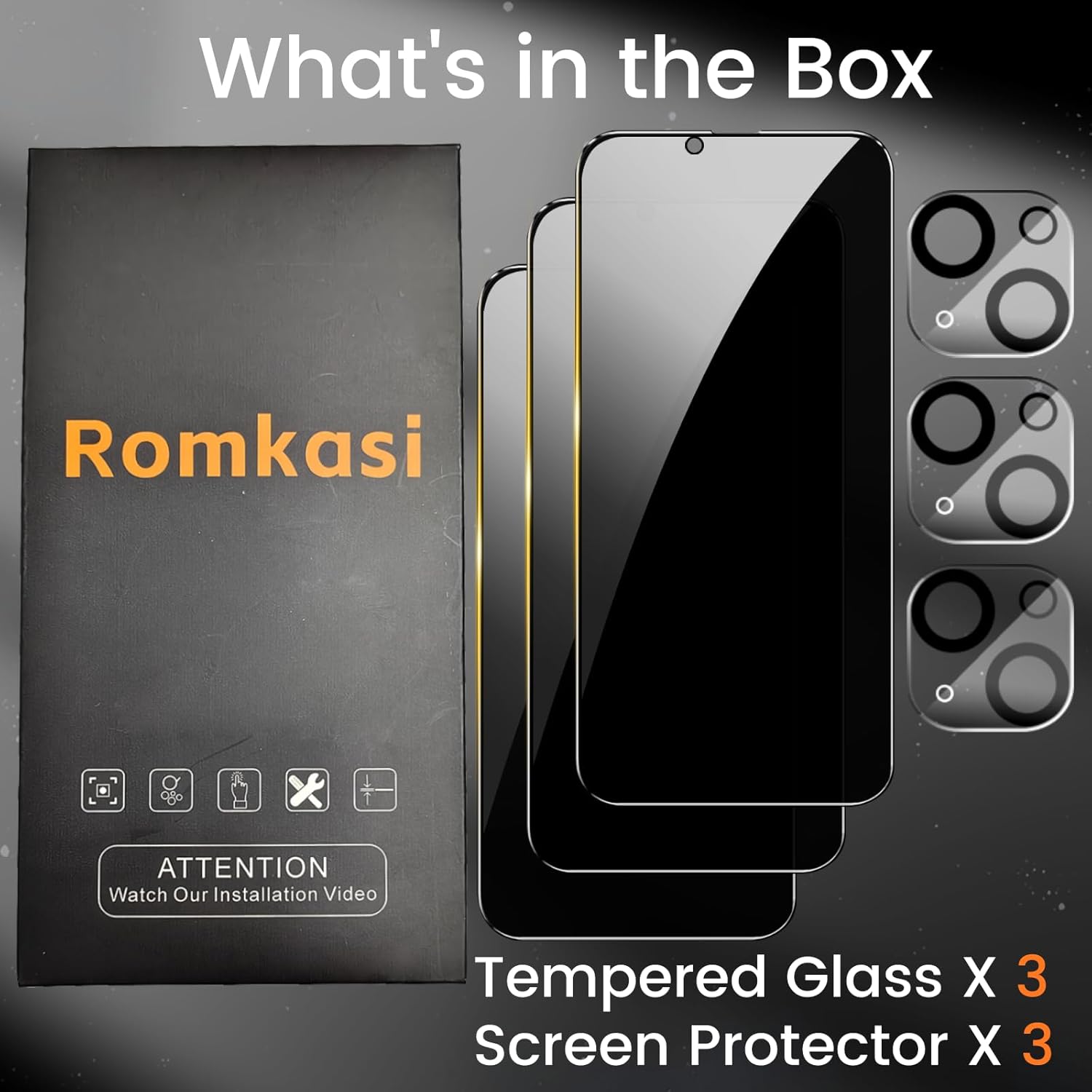 Romkasi 3 Pack Privacy Screen Protector for iPhone 12 Pro Max 6.7 Inch with 3 Pack Camera Lens Protector, Anti Spy Tempered Glass Film, Anti-Scratch, Touch Sensitive, Case Friendly