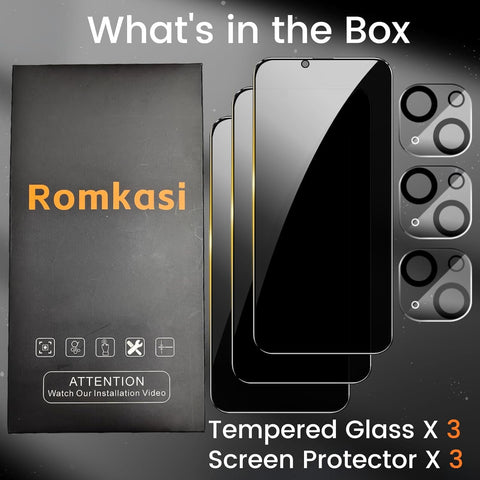 Romkasi 3 Pack Privacy Screen Protector for iPhone 12 Pro Max 6.7 Inch with 3 Pack Camera Lens Protector, Anti Spy Tempered Glass Film, Anti-Scratch, Touch Sensitive, Case Friendly