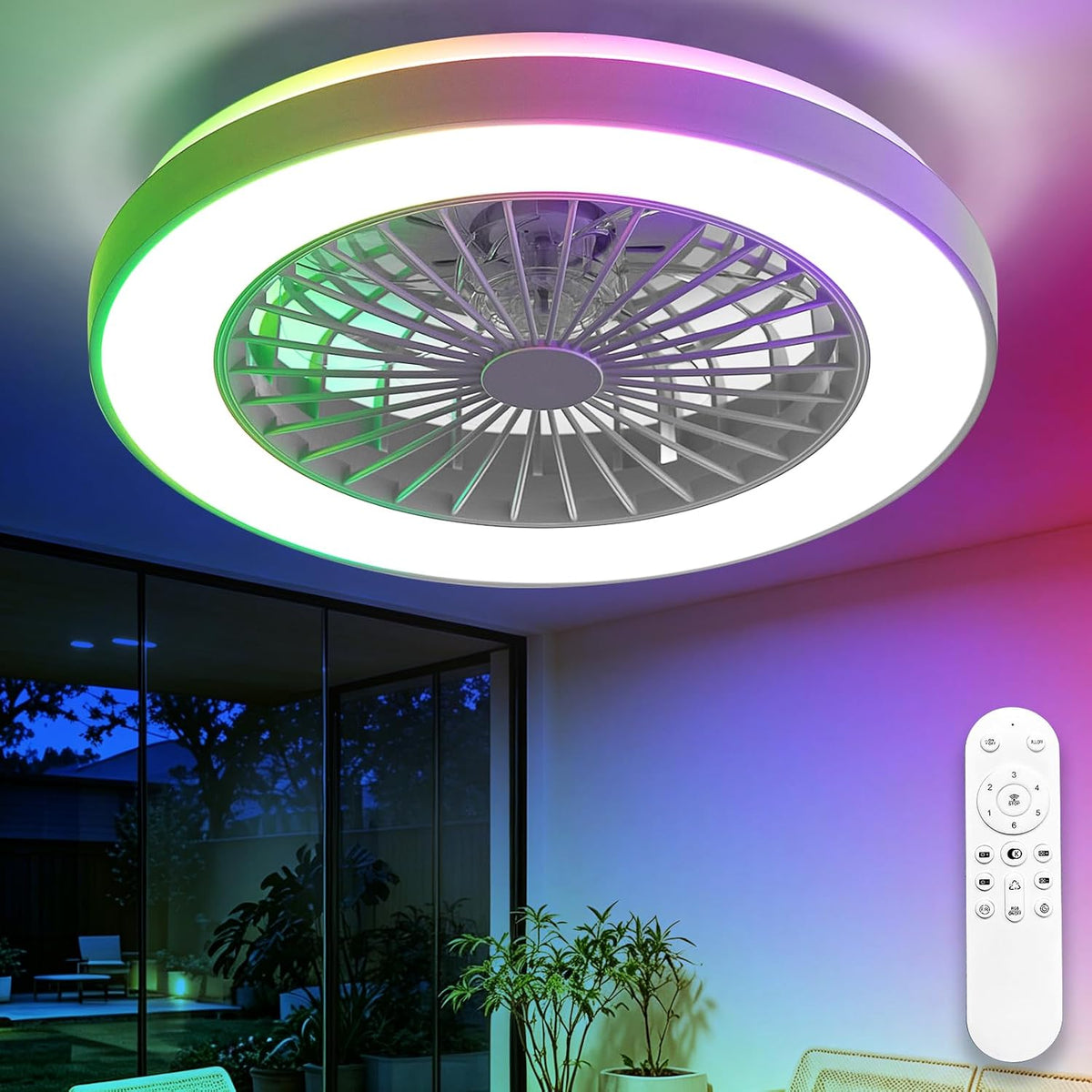 Depuley RGB Ceiling Fan with Light: 19" Enclosed Low Profile Flush Mount