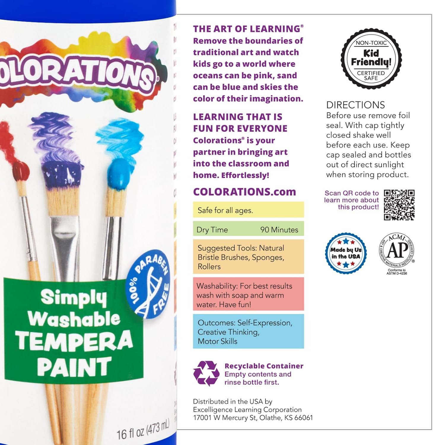 Colorations Washable Tempera Paint Set, 6 Colors, 16 oz Each, Non-Toxic