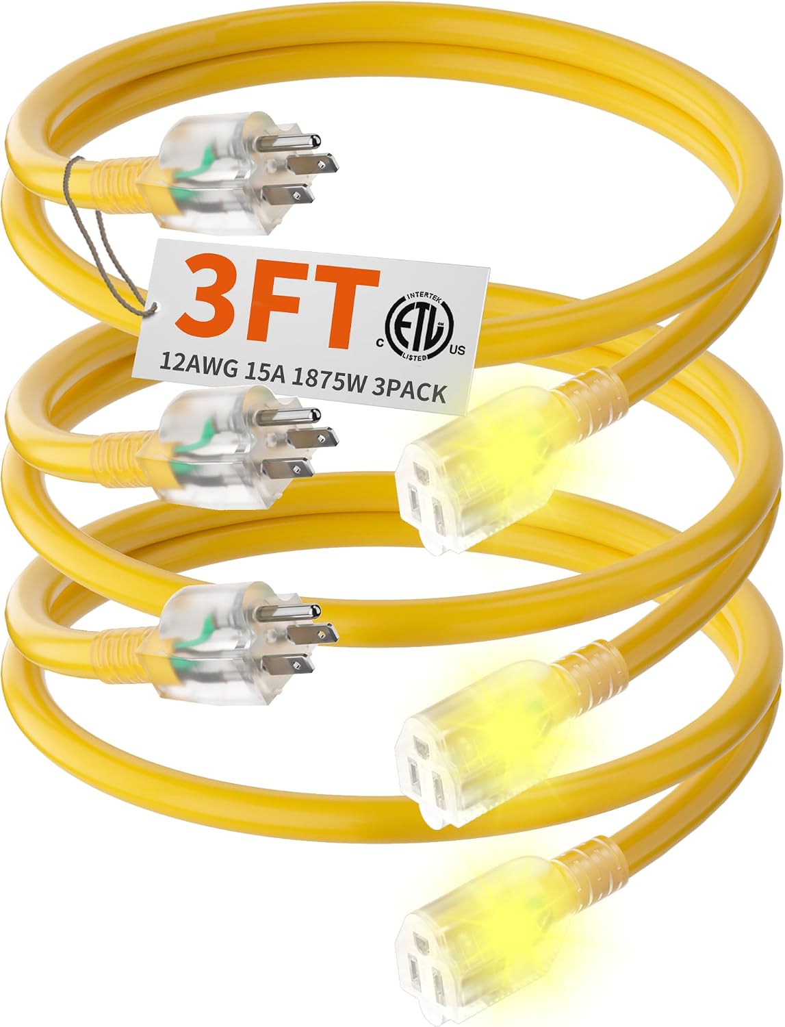 HUANCHAIN 12 Gauge Heavy Duty Outdoor Extension Cord 3FT 3Pack Waterproof