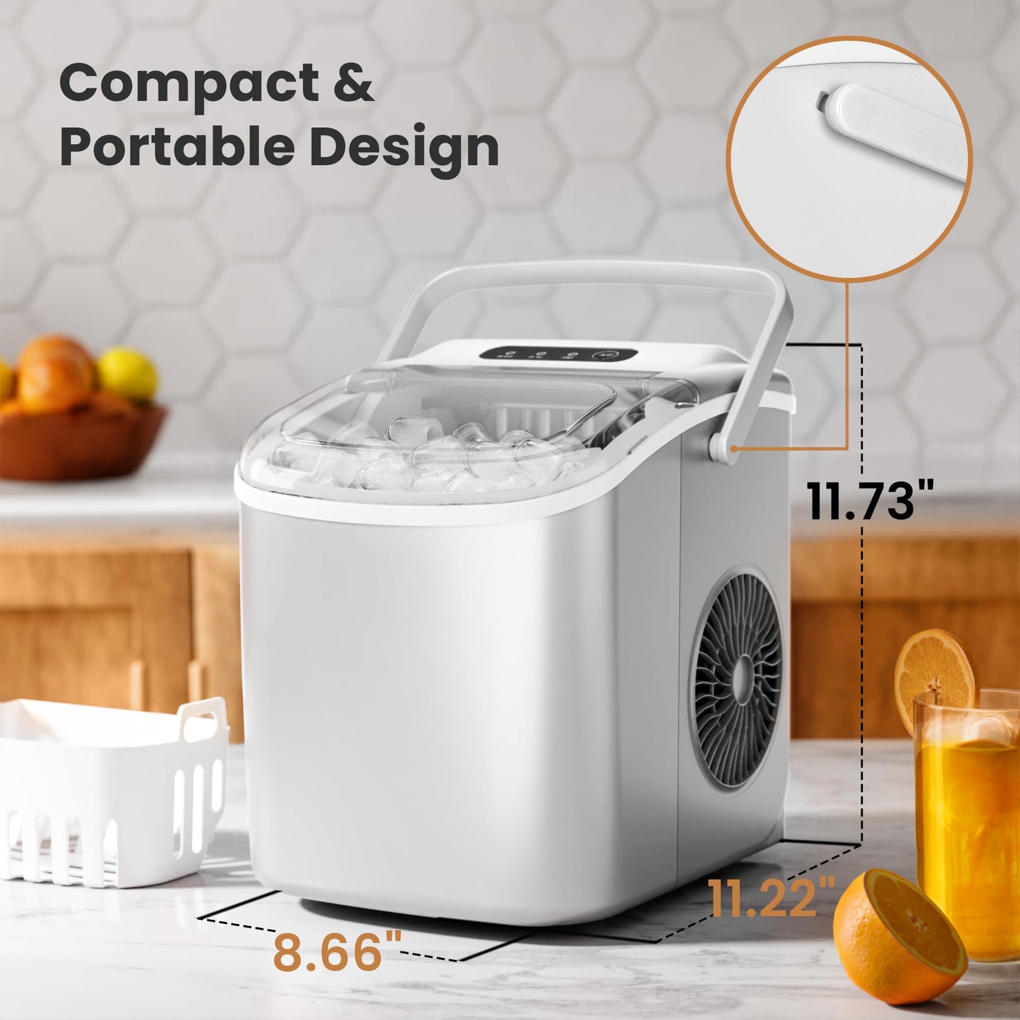 Countertop Portable Ice Maker Machine with Handle, 9 Bullet-Shaped Ice Cubes Ready in 6 Mins, 26Lbs/24H, Self-Cleaning Function with Ice Scoop and Basket for Home/Kitchen/Party (White)