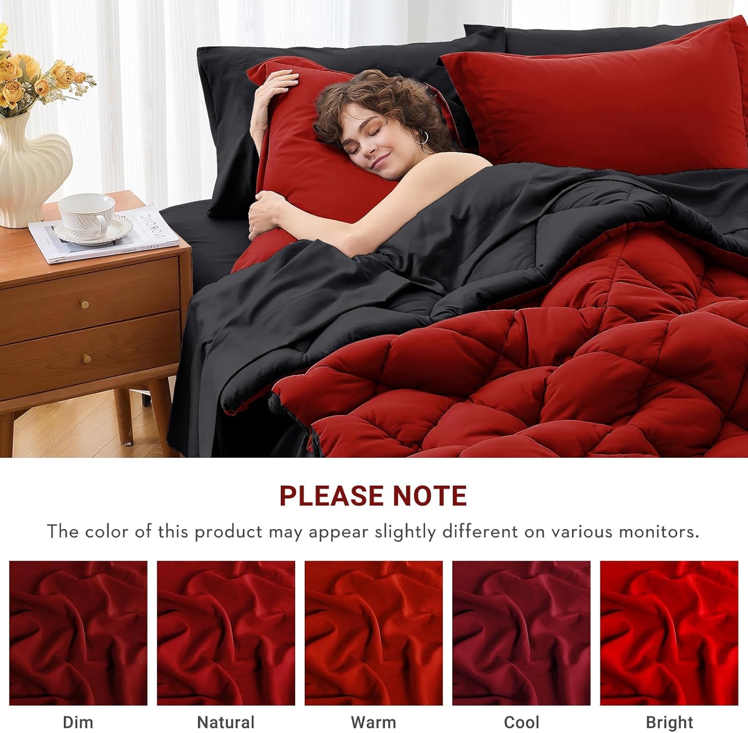 MUXHOMO 7 Pieces Queen Comforter Set, Reversible Bed in a Bag Queen Size, All Season Bedding Set with Comforter, Flat Sheet, Fitted Sheet, Pillowcases & Shams, Red & Black