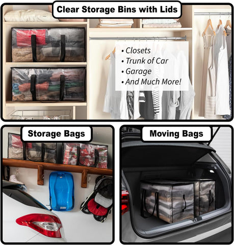 ClearSpace Heavy Duty Moving Bags or Storage Bins with Lids, Clear, 4 Pack