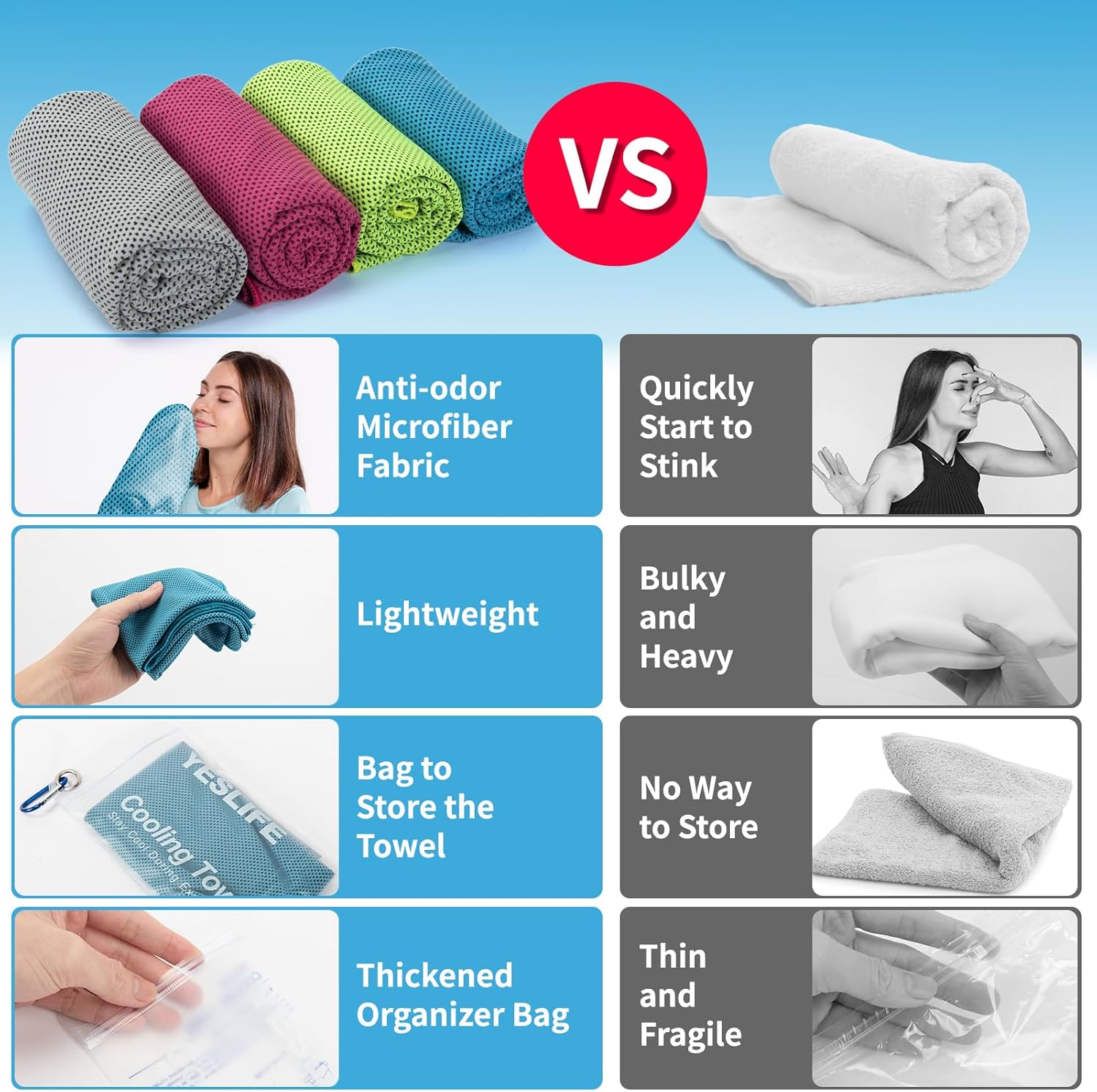 YESLIFE 4-Pack Cooling Towels (40"x 12"), Cooling Neck Wraps, Ice Towel