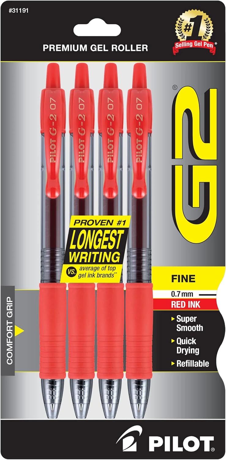 PILOT G2 Premium Gel Roller Pens, Fine Point 0.7 mm, Red Pens, Pack of 4