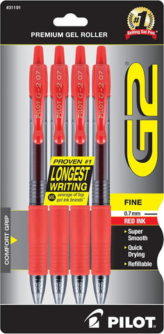 PILOT G2 Premium Gel Roller Pens, Fine Point 0.7 mm, Red Pens, Pack of 4